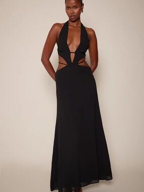 PrettyLittleThing Black Chiffon Deep Plunge Cut Out Maxi Dress NWT
